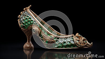 Exquisite Green And Gold Ornamented Shoe Inspired By Conrad Shawcross Stock Photo