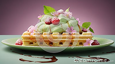 Exquisite Green Plate With Waffle And Ice Cream Dessert Stock Photo