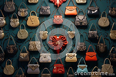 Exquisite handbags and clutches arranged in symmetrical pattern. Generative AI Stock Photo