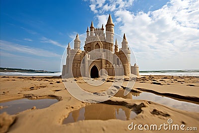 Exquisite and intricate sand castle standing proudly on the beautiful sandy beach shoreline Stock Photo