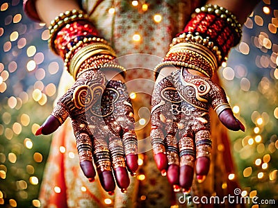 Exquisite Karva Chauth Mehndi Designs Intricate Patterns Sparkling Bangles and Double Exposure Magic Stock Photo