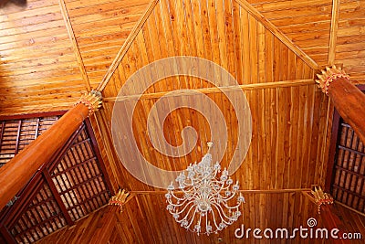 Exquisite lamps, ceiling fixtures, wooden panel background, beautiful home decoration. Stock Photo