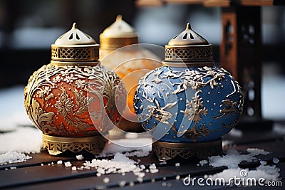 Exquisite lanterns adorned with intricate carvings and patterns, set against a snowy backdrop, evoking winter elegance. Stock Photo