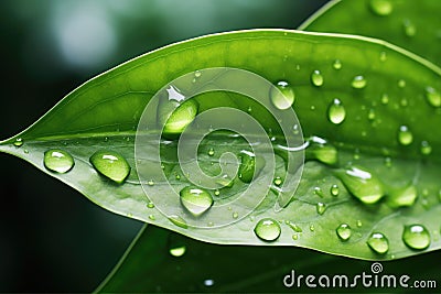 An exquisite macro closeup captures the splendor of green leave adorned with intricate water droplets. Perfect for showc Stock Photo