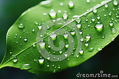 An exquisite macro closeup captures the splendor of green leave adorned with intricate water droplets. Perfect for showc Stock Photo