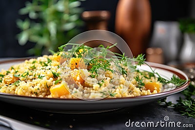 Exquisite Macro Image of Plate with Vegan Couscous, Risotto, or Pilaf and Fresh Herb Decoration Stock Photo