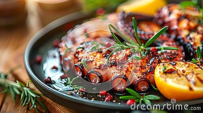 Exquisite mediterranean cuisine grilled octopus elegantly presented on a sleek black plate Stock Photo