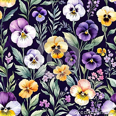 Exquisite pansy flowers in a beautiful patterned dark background. Stock Photo