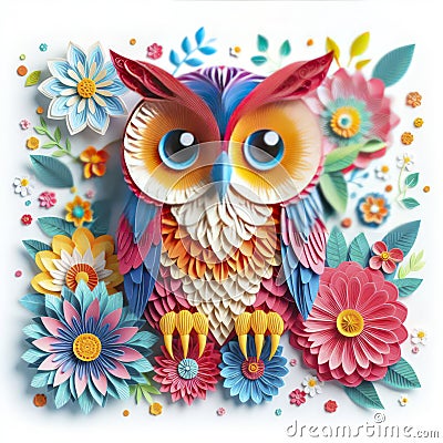 Exquisite Paper Craft: Colorful Owl on Flower Canvas Stock Photo