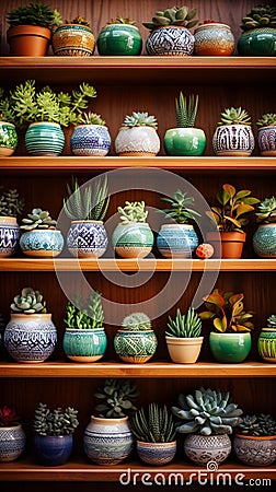 Exquisite Pottery Designs on Wooden Shelf: Vibrant Colors, Delicate Succulents, and Soft Natural Light Stock Photo