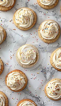 Exquisite professional food photography of frosted sugar cookies with colorful sprinkles Stock Photo