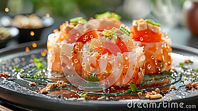 Exquisite Salmon Tartare with Fresh Herbs and Sesame Seeds on Elegant Black Plate in Upscale Restaurant Stock Photo