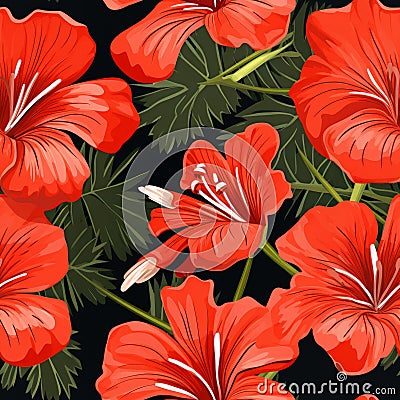 Exquisite top view seamless pattern showcasing a delightful array of blooming geranium flowers Stock Photo