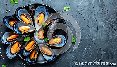 Exquisite traditional mediterranean grilled mussels elegantly presented on a black plate Stock Photo