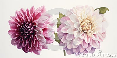 Exquisite Watercolor Dahlias for Wedding Stationery in Peppermint Colors. Stock Photo