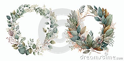 Exquisite Watercolor Floral Wreaths with Vibrant Greenery and Delicate Blooms, Ideal for Invitations, Greetings, and Vector Illustration