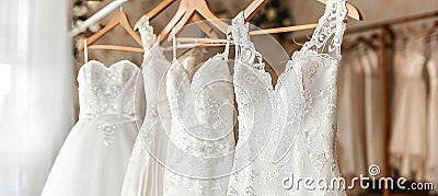 Exquisite white bridal gowns displayed on hangers in a sophisticated boutique bridal salon Stock Photo