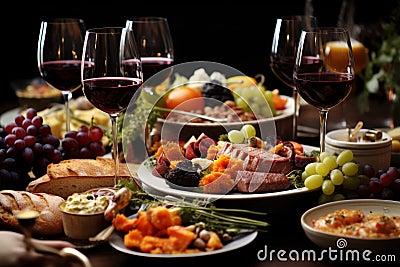 Exquisitely adorned dining table arrangement for a joyous and lavish holiday merriment Stock Photo