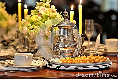 Served dinner table decorated with lit candles in beautiful candlesticks and a vase of flowers Stock Photo