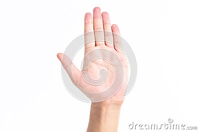 Extend your hand in front of white background Stock Photo