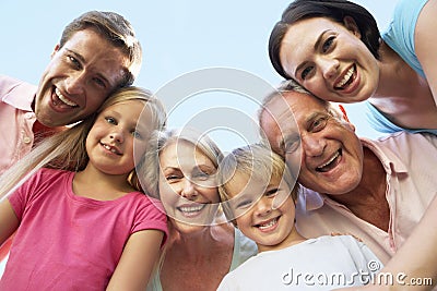 Extended Family Group Looking Down Into Camera Stock Photo