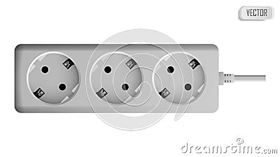Extension cable cord isolated on white background. Electrical triple white plastic power socket strip europe type Vector Illustration
