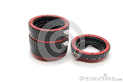 Extension rings for macro photography on a white background Stock Photo