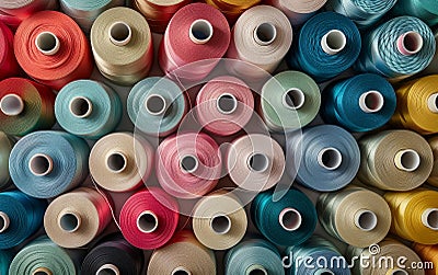 An extensive collection of colorful threads tailored for textile work, a resourceful image for fashion and crafts. Stock Photo