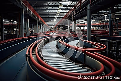 An extensive collection of red hoses fills a massive warehouse, ready for deployment in various industrial applications, Conveyor Stock Photo