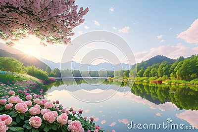 Extensive green flowery field with lots of vegetation and a river Stock Photo