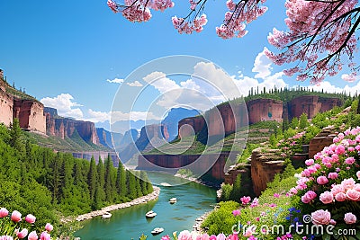 Extensive green flowery field with lots of vegetation and a river and a sunset Stock Photo