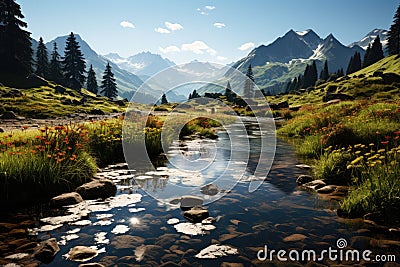 Extensive green landscape with creek, mountains and vibrant flowers under serene sky., generative IA Stock Photo