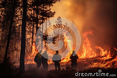 Extensive wildfires raging through national parks and forests. Firefighters battling a large fire. Burning trees Stock Photo