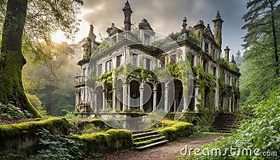 Exterior of Abandoned luxury mansion completely covered with moss Stock Photo