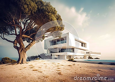 Exterior of amazing modern minimalist cubic luxury villa with swimming pool. Rich house on a hill with a sea view. Created with Stock Photo