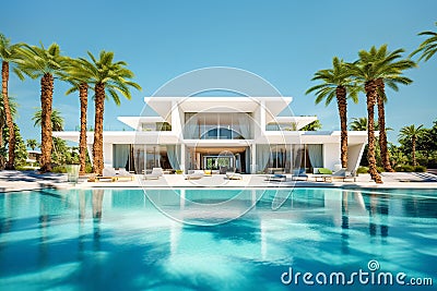 Exterior of amazing modern minimalist cubic villa with large swimming pool among palm trees. Created with generative Ai Stock Photo