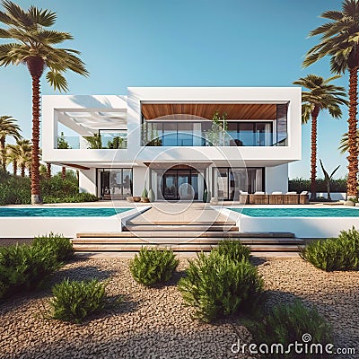 Exterior of amazing modern minimalist cubic villa with large swimming pool among palm trees. Created with generative Ai Stock Photo