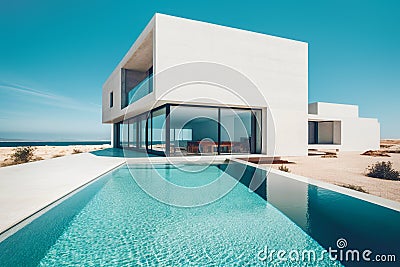 Exterior of amazing modern minimalist cubic villa with large swimming pool. White seaside luxury house with sea view. Created with Stock Photo