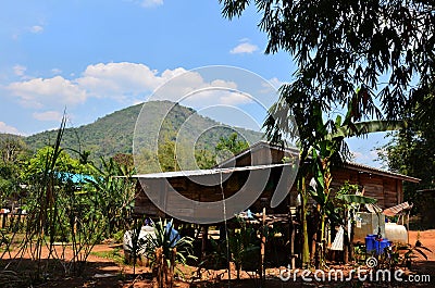 Exterior ancient wooden house or antique old wood home in Ban Taphoen Khi Karen Village top of Khao Thewada mountain in Phu Toei Editorial Stock Photo