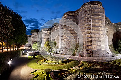 Exterior of Angers Castle at night , Angers city Stock Photo