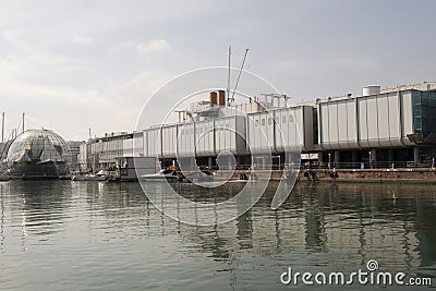 The exterior of the Aquarium of Genoa and Renzo Piano`s Biosphere in Genoa, Italy Editorial Stock Photo