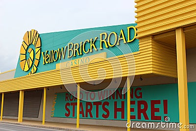 Bright attractive colors of yellow and green exterior of local attraction, Yellow Brick Road Casino, Chittenango, New York, 2018 Editorial Stock Photo