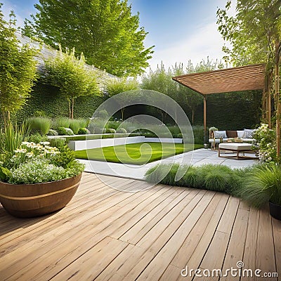 The exterior of a back garden patio area with wood Cartoon Illustration