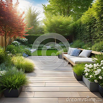 The exterior of a back garden patio area with wood Cartoon Illustration