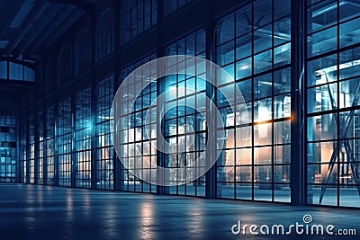 exterior of big modern warehouse with windows at night, AI generative Stock Photo