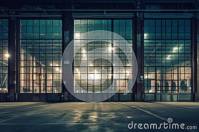 exterior of big old warehouse with windows at night, AI generative Stock Photo