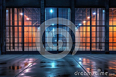 exterior of big warehouse with windows at night, AI generative Stock Photo