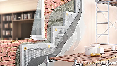 Exterior brickwall thermal insulation with scaffolding and interior view through window Cartoon Illustration