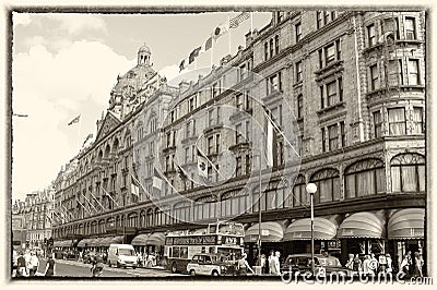 Exterior building of Harrods, the luxury department store dedicated to the finest products in food, fashion, homeware and technolo Editorial Stock Photo