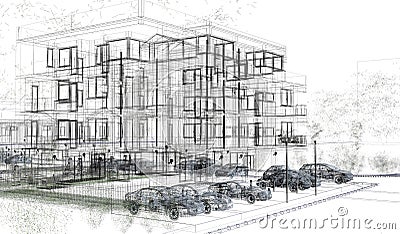 Exterior building wireframes, design rendering, architecture Stock Photo